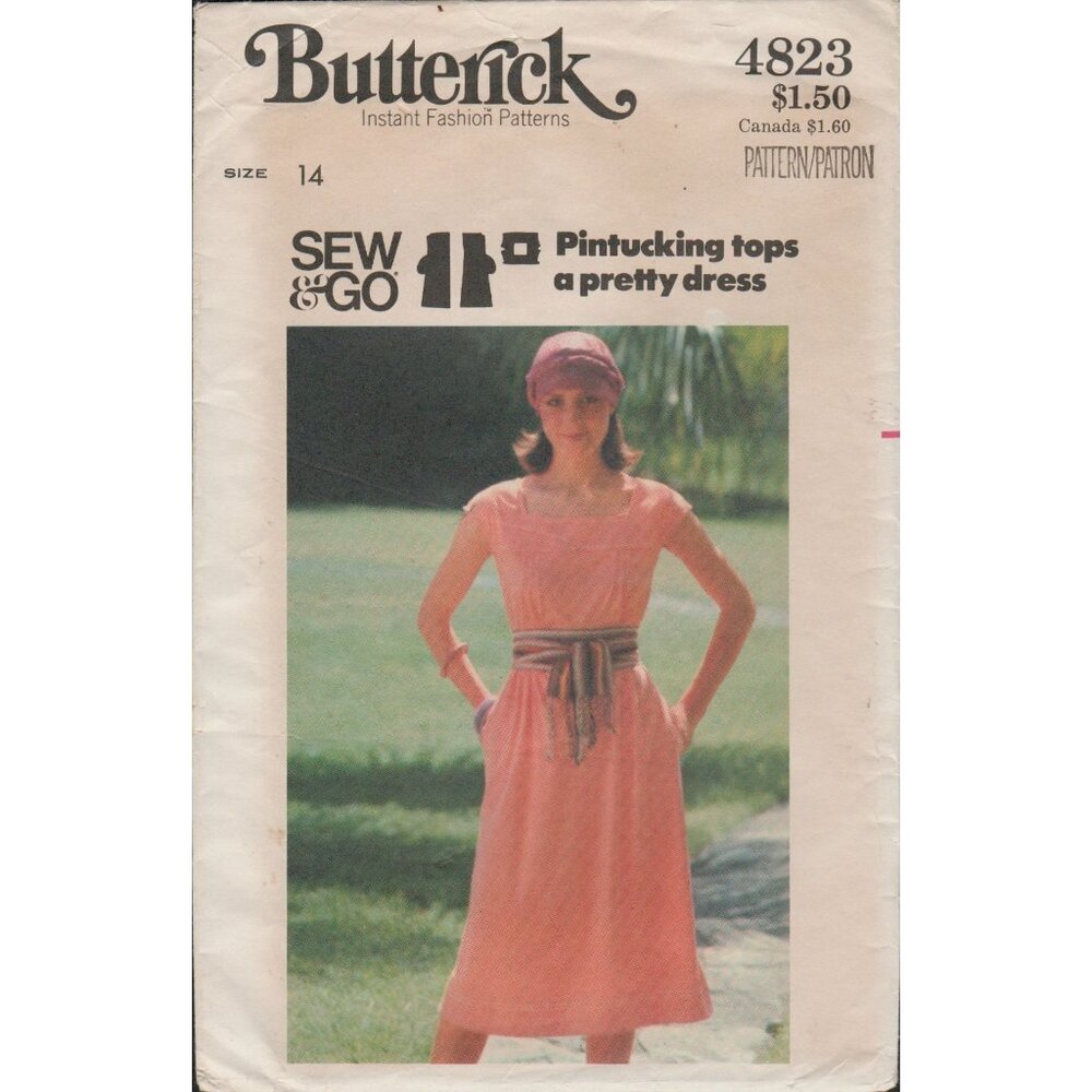 Simplicity 4823 Easy Dress Pintucked Bodice Pattern 1970s Misses Size 14 Uncut